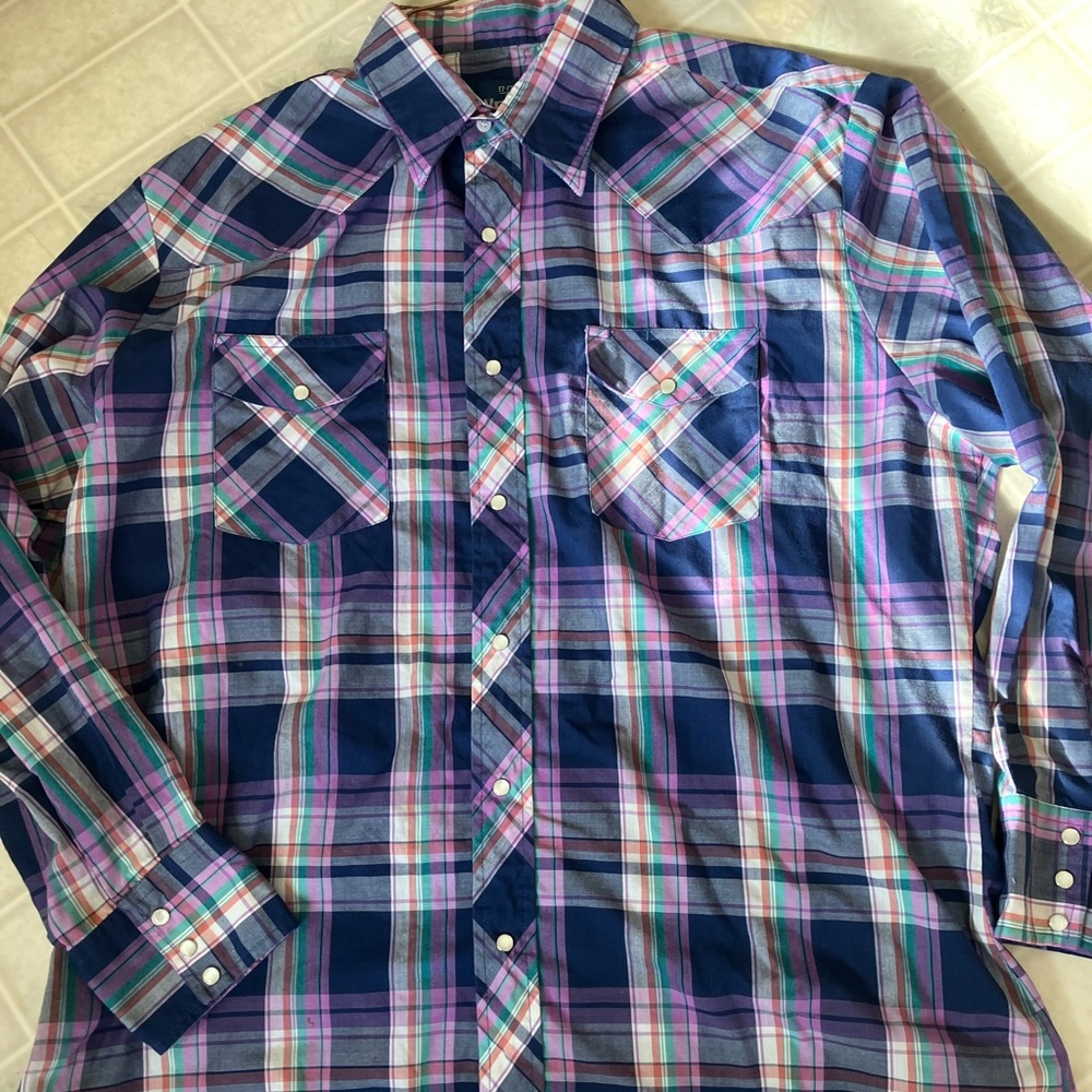 Wrangler pearl‎ snap Blue purple plaid Western Shirt